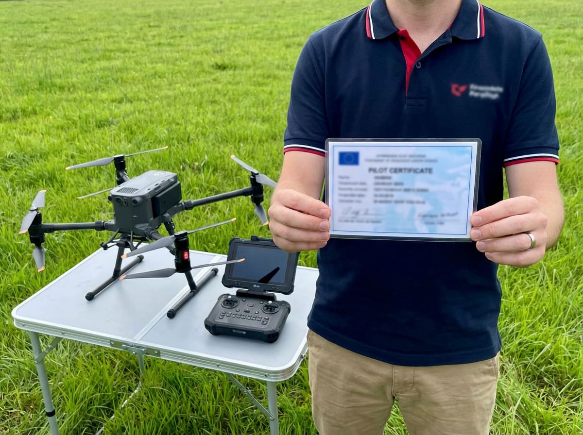 Part 107 Commercial Drone Pilot Certification A person studying for the Part 107 exam with books and a drone nearby