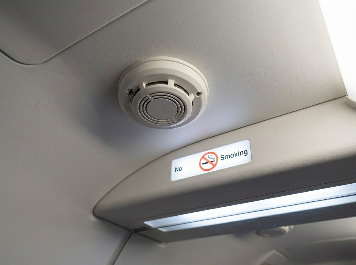 An airplane lavatory with a no smoking sign visible