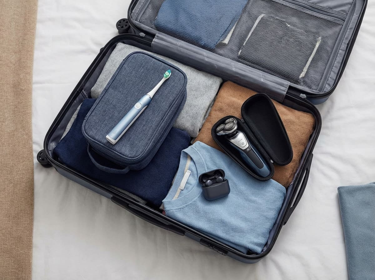 Small Gadgets in Checked Luggage An electric toothbrush and wireless headphones packed in a checked suitcase