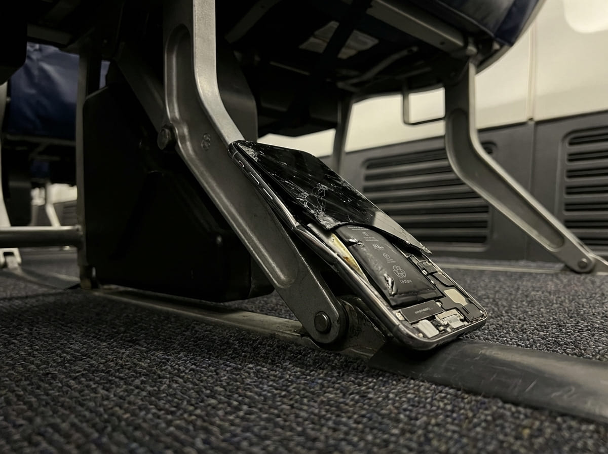 Damaged phone battery under airplane seat