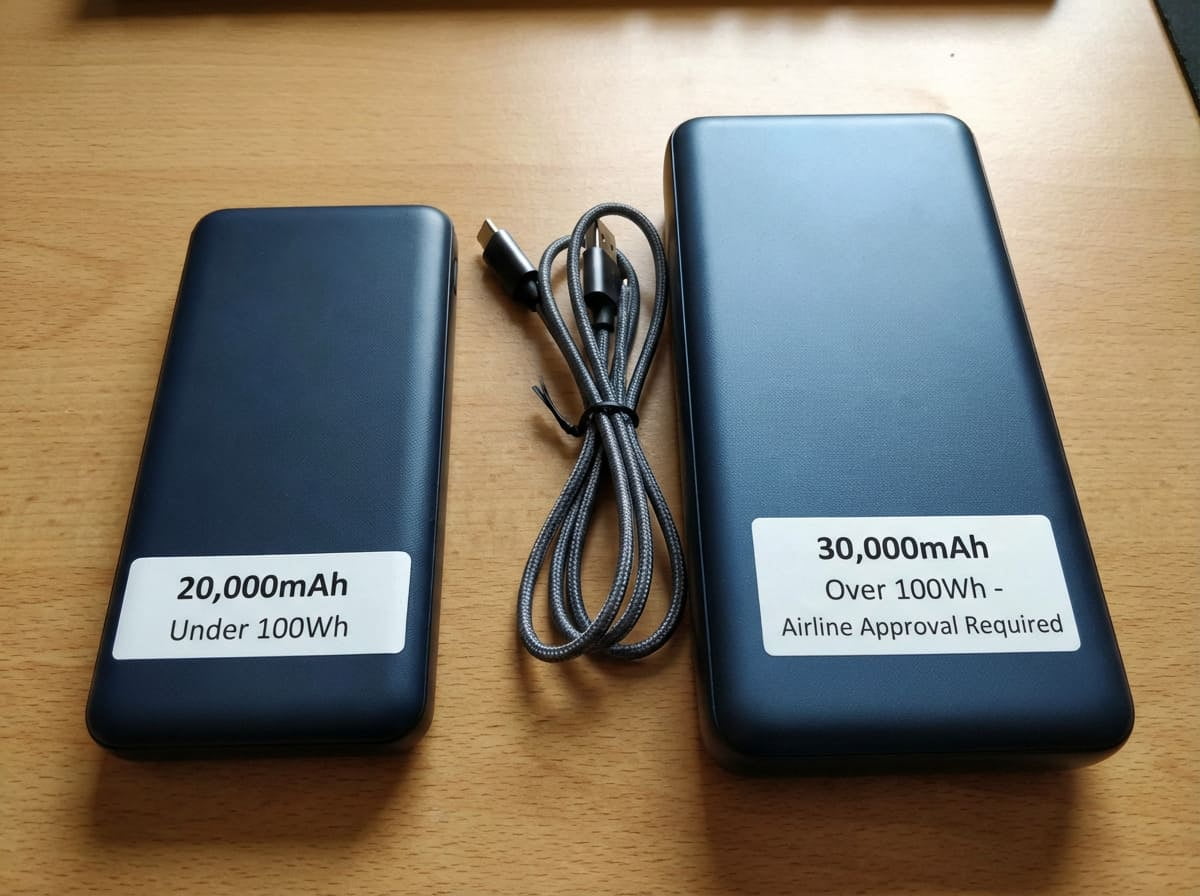 Comparing Power Bank Capacities Two power banks, one 20000mAh and one 30000mAh, side-by-side