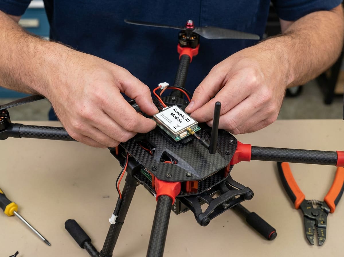 FAA Remote ID Module vs EASA Integrated Remote ID A drone with a visible Remote ID module next to one with integrated RID