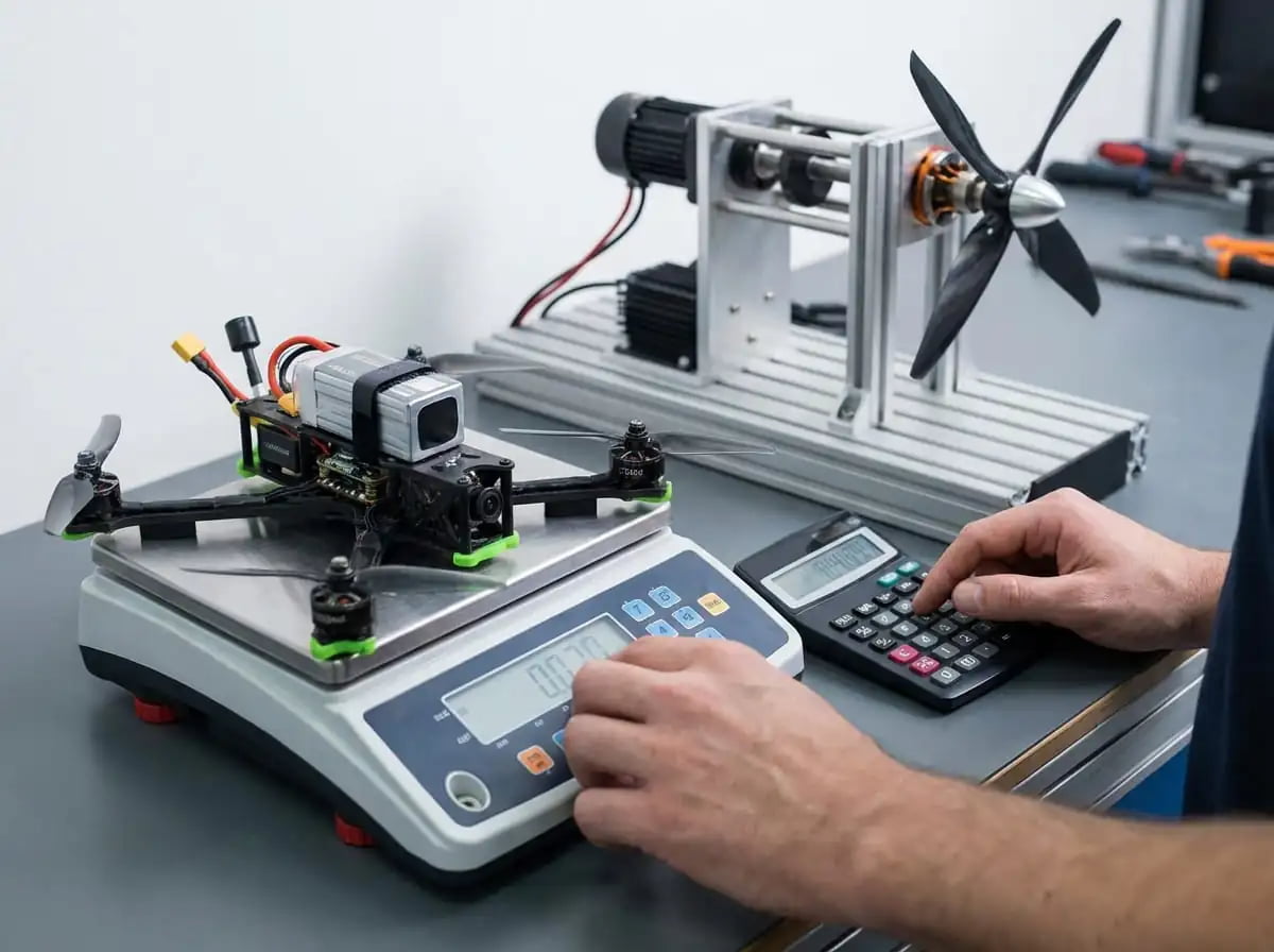 Drone Power-to-Weight Ratio Calculation A diagram showing the forces of thrust and weight on a drone