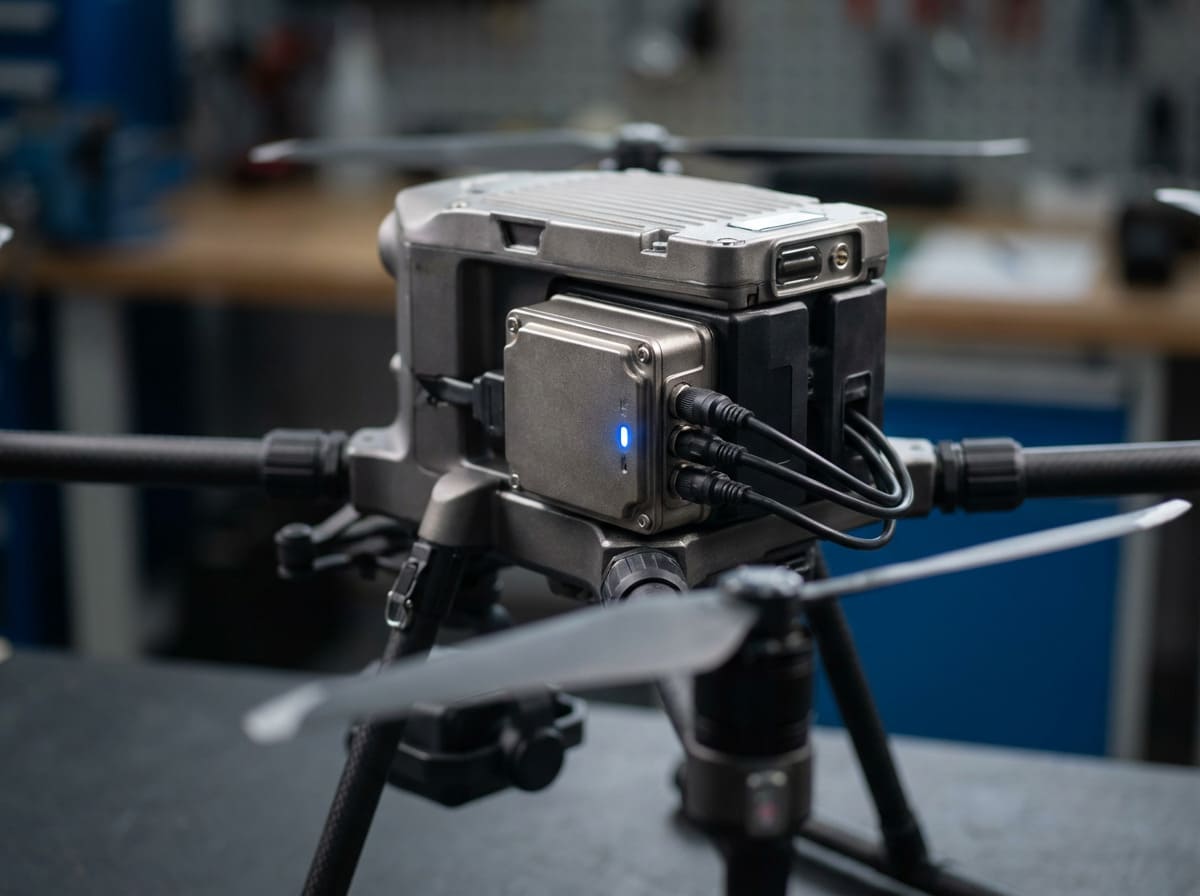 Secure UAS Data Link Graphic showing encrypted data link between a GCS and a drone