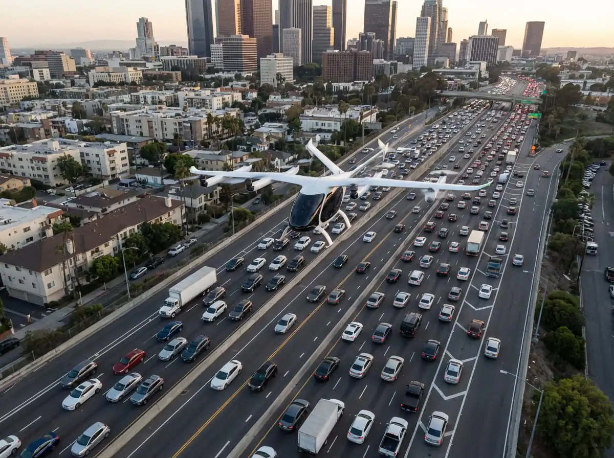 A graphic on a smartphone screen showing a price comparison between a regular taxi and an eVTOL for the same route.