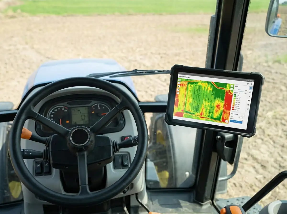A side-by-side view of a multispectral drone image and the resulting NDVI prescription map