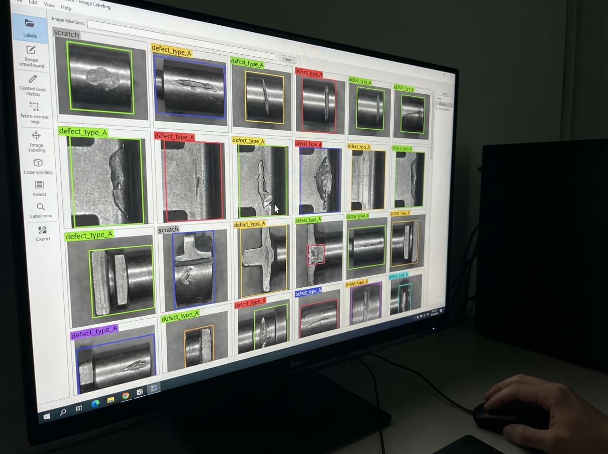 An AI interface highlighting a detected defect on a power line insulator from a drone's camera feed