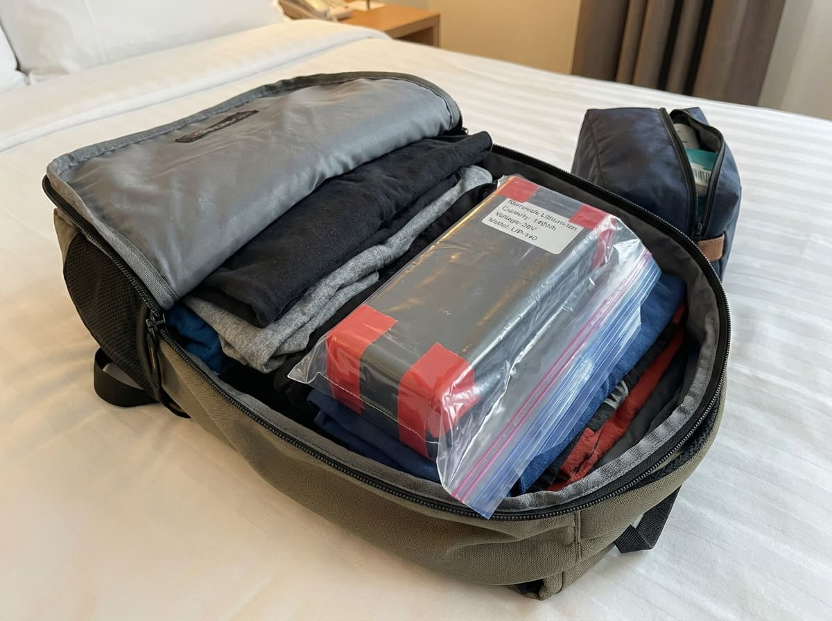 An empty smart suitcase ready for check-in next to a battery in a protective pouch
