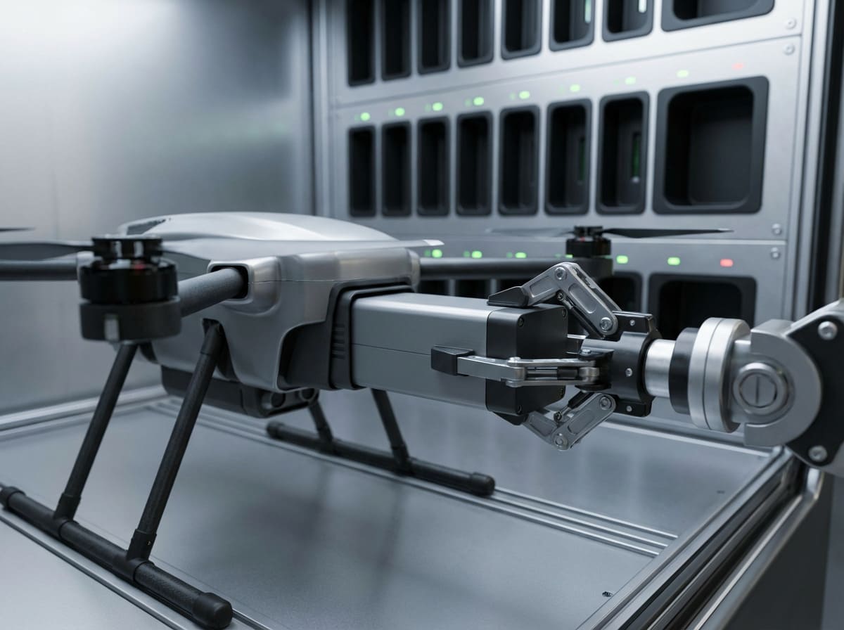 Automated Drone Vertiport A robotic arm swapping a battery on a delivery drone inside a futuristic hub
