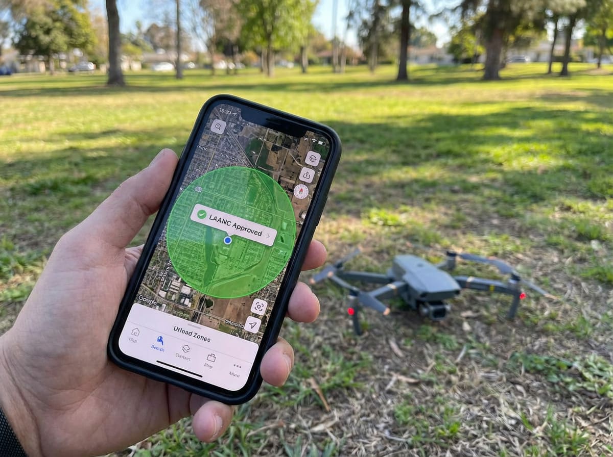 LAANC Airspace Authorization A smartphone screen showing a LAANC app with an airspace map and authorization request