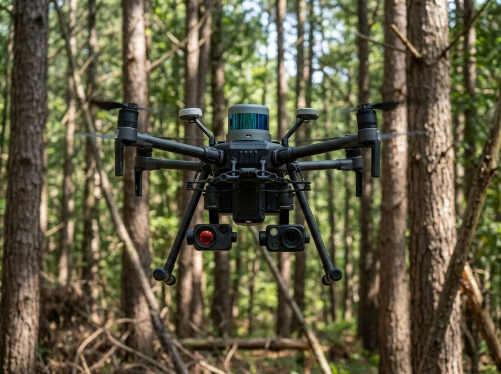 Search team using drone in forest