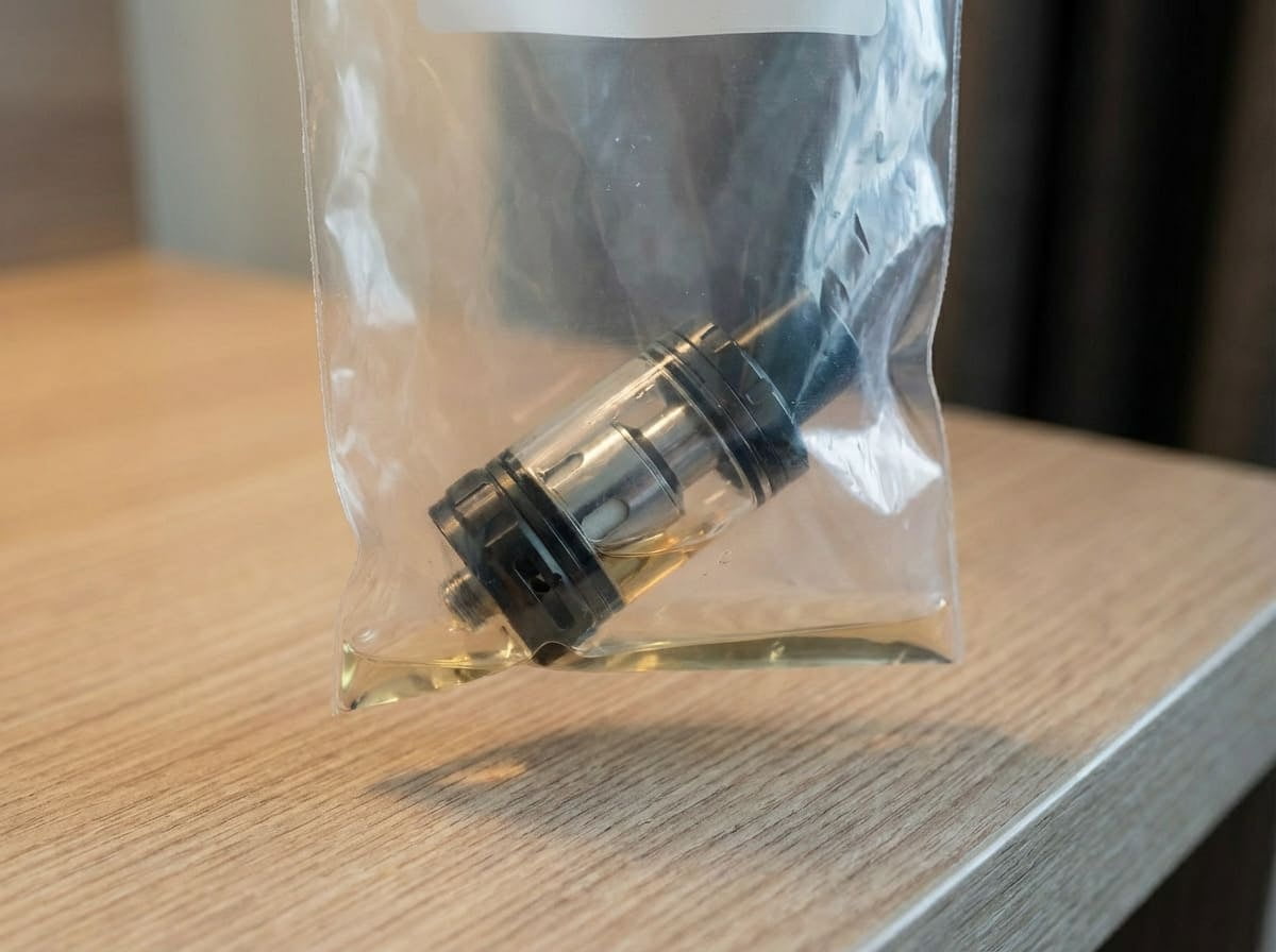 A vape tank stored upright in a sealed ziplock bag