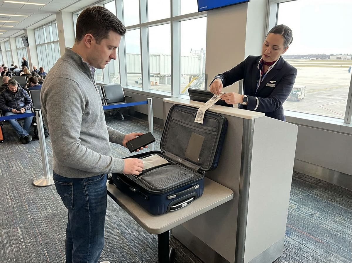 Gate-Checking a Bag with Batteries A person removing a power bank from a carry-on at the boarding gate