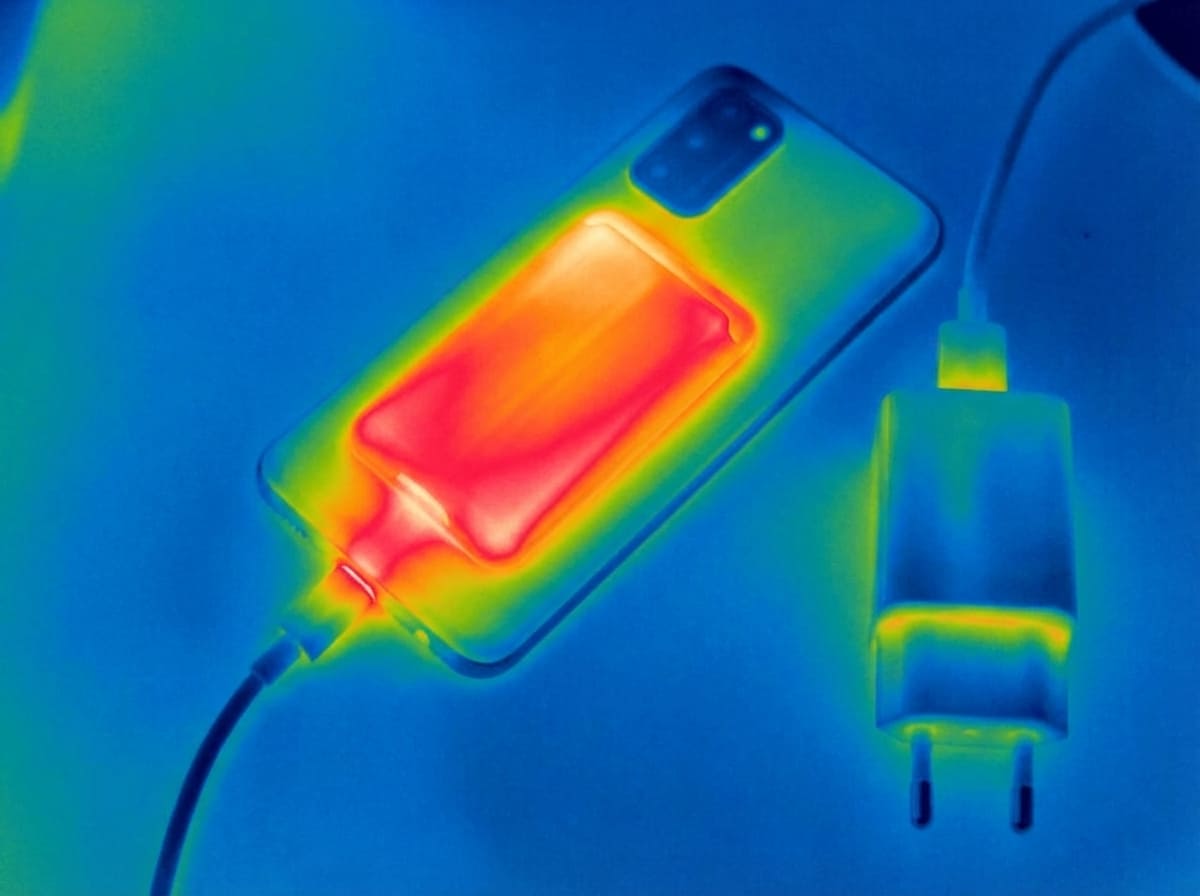A person using a fast charger and power bank on an airplane tray table