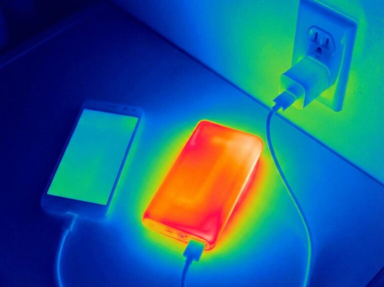 Thermal image of charging power bank and phone