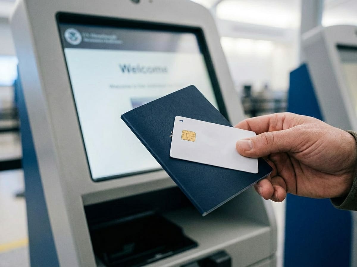 A traveler's passport and Global Entry card next to an airport departures board