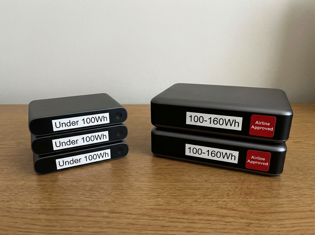 Quantity of Power Banks for Flight Several power banks of different sizes arranged in a carry-on bag