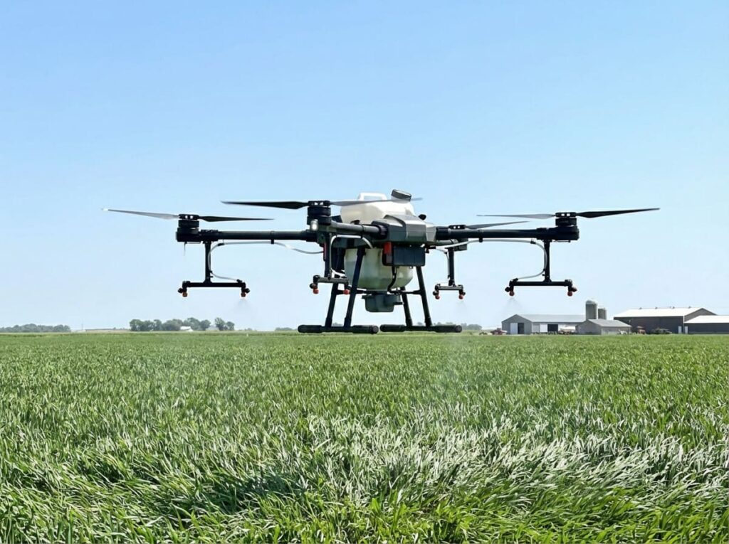 Agricultural drone powered by lithium battery, flying over field