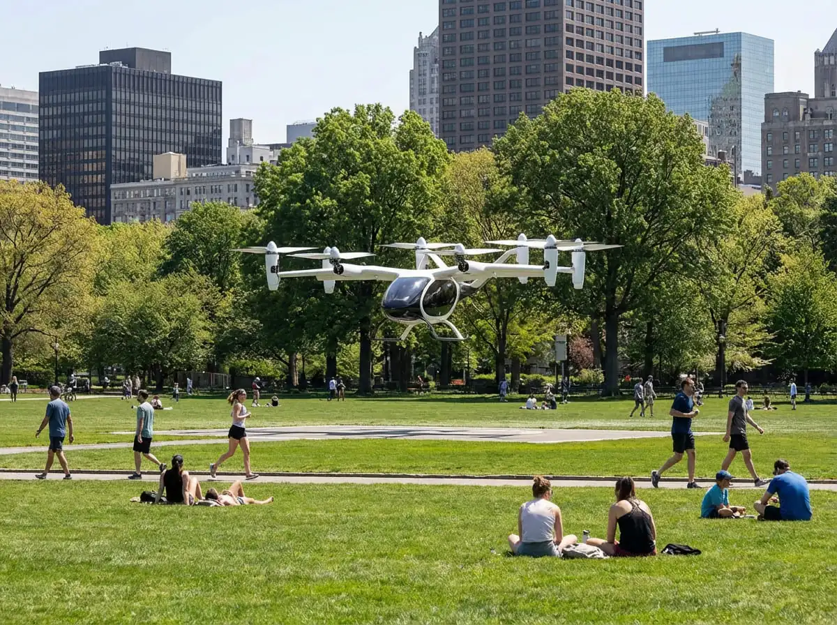 A visual comparison of sound waves, showing the loud, low-frequency chop of a helicopter versus the softer, high-frequency whir of an eVTOL.