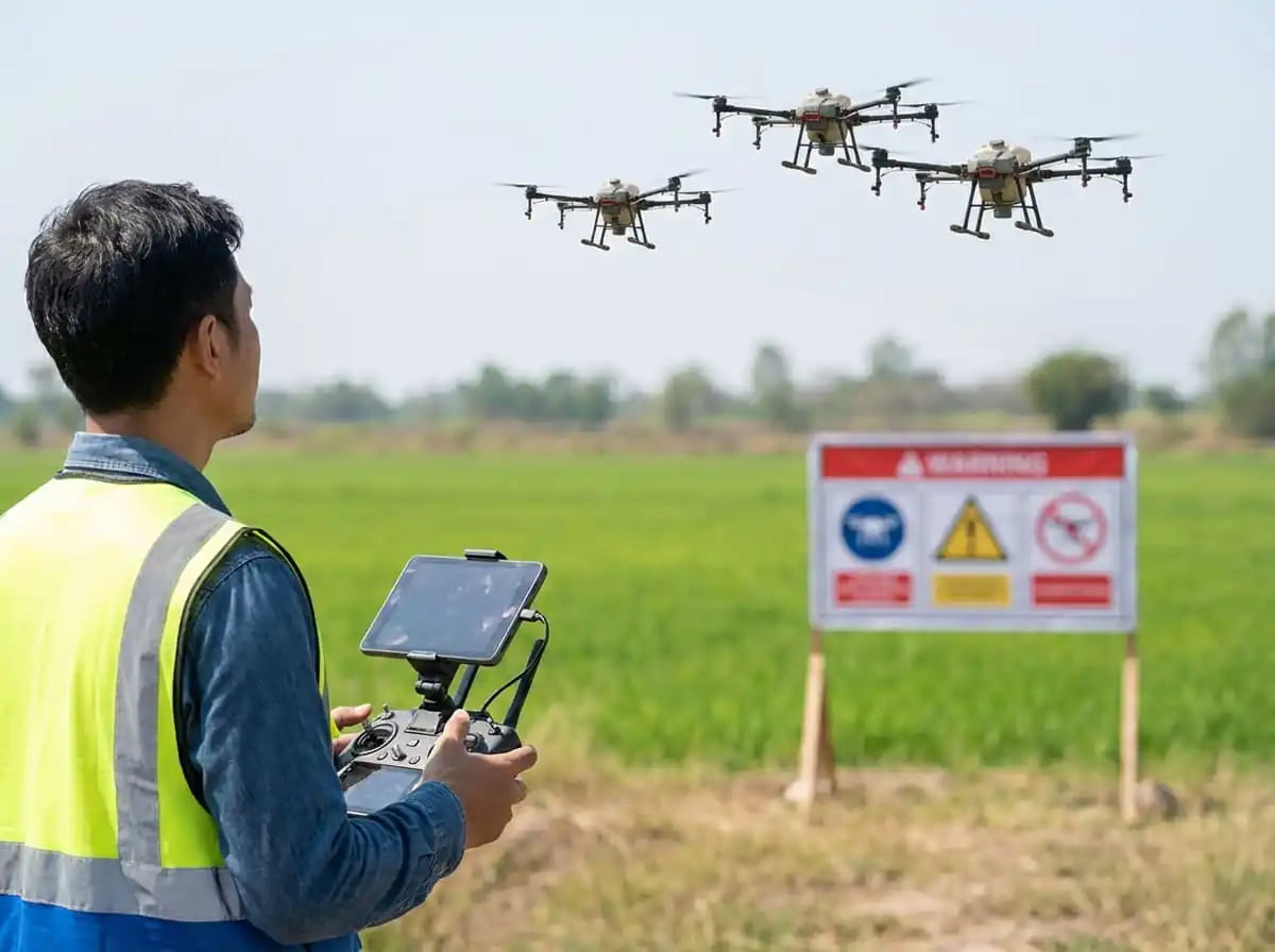 An image depicting one operator monitoring multiple drones on a screen, with fields in the background