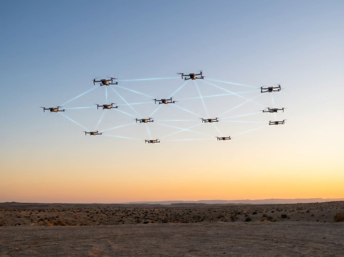 Connected lithium-powered drone swarm flying over desert