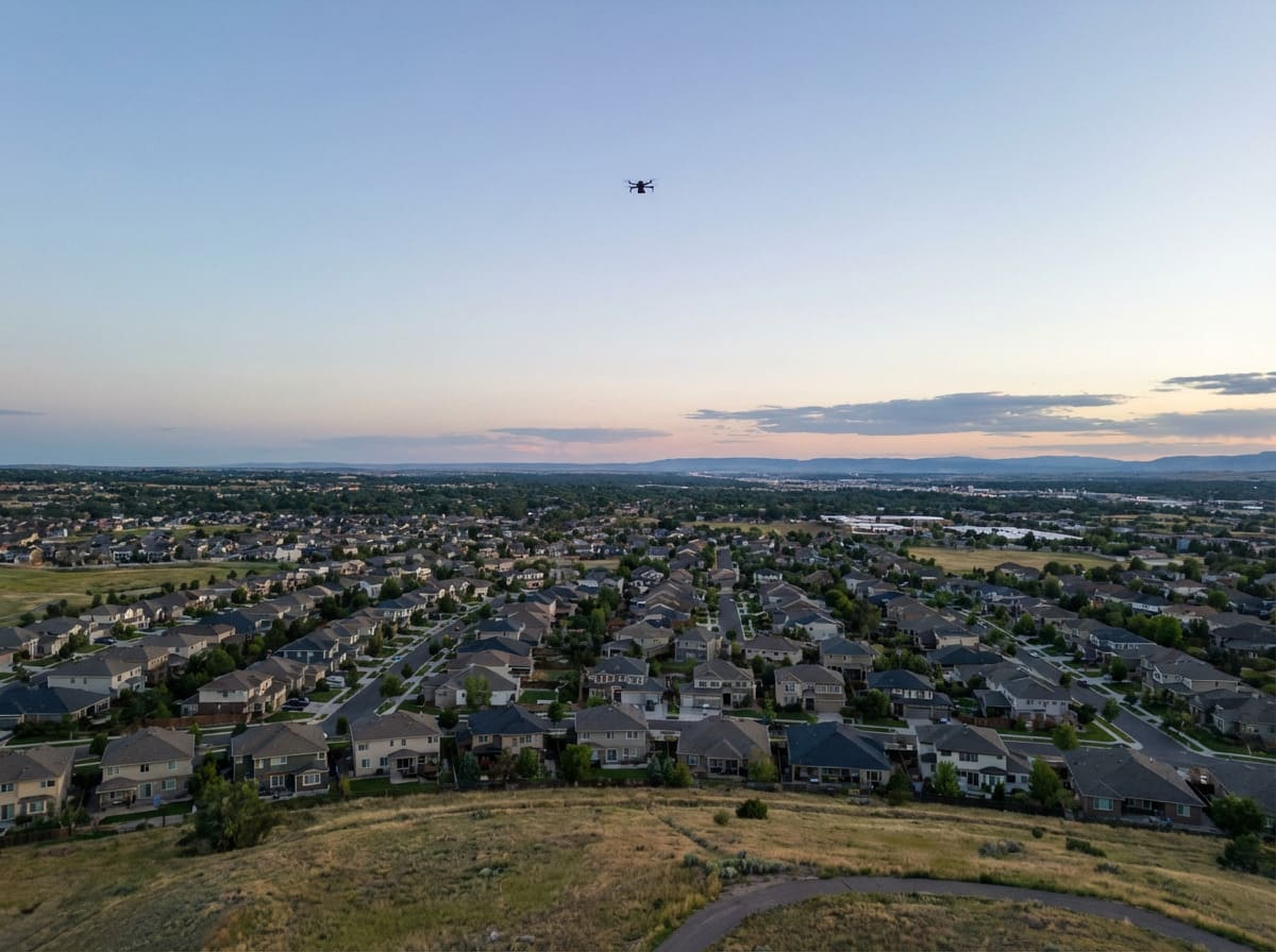 Solving Drone Noise and Privacy Issues An infographic showing a drone's quiet flight path over a non-residential area