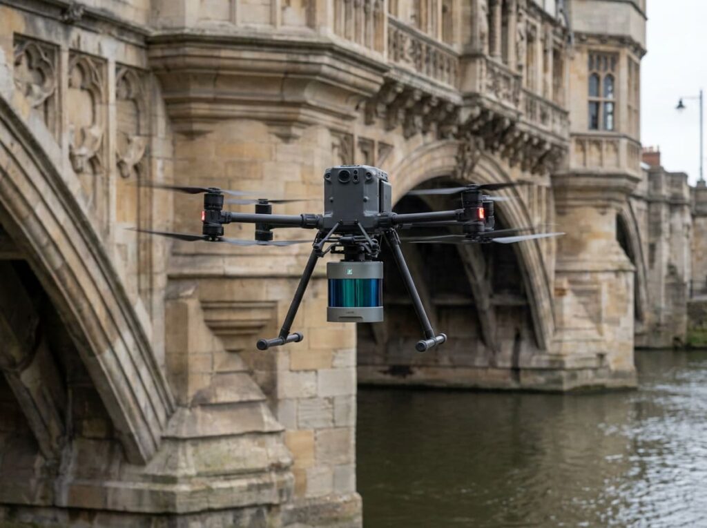 Inspection drone with lidar near historical bridge