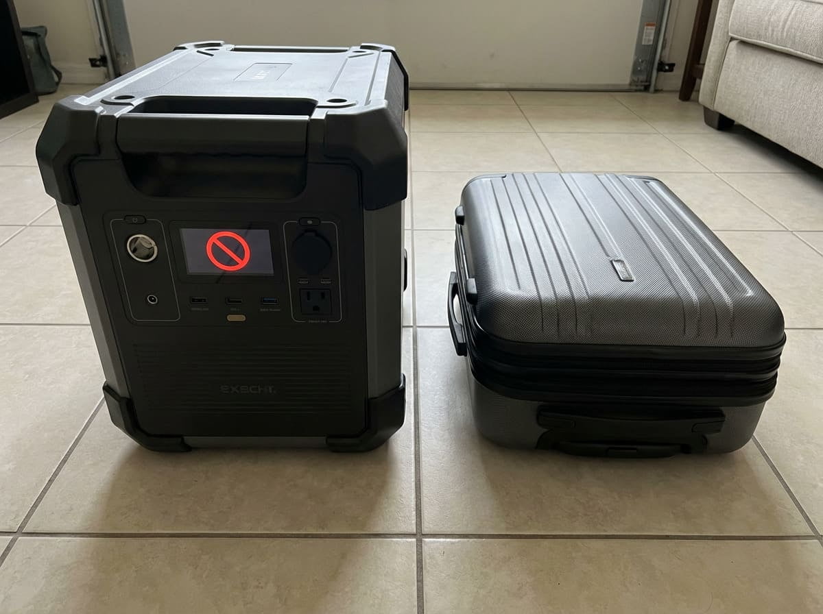 Portable Power Stations are Prohibited on Airplanes A large portable power station with a red X over it next to an airplane