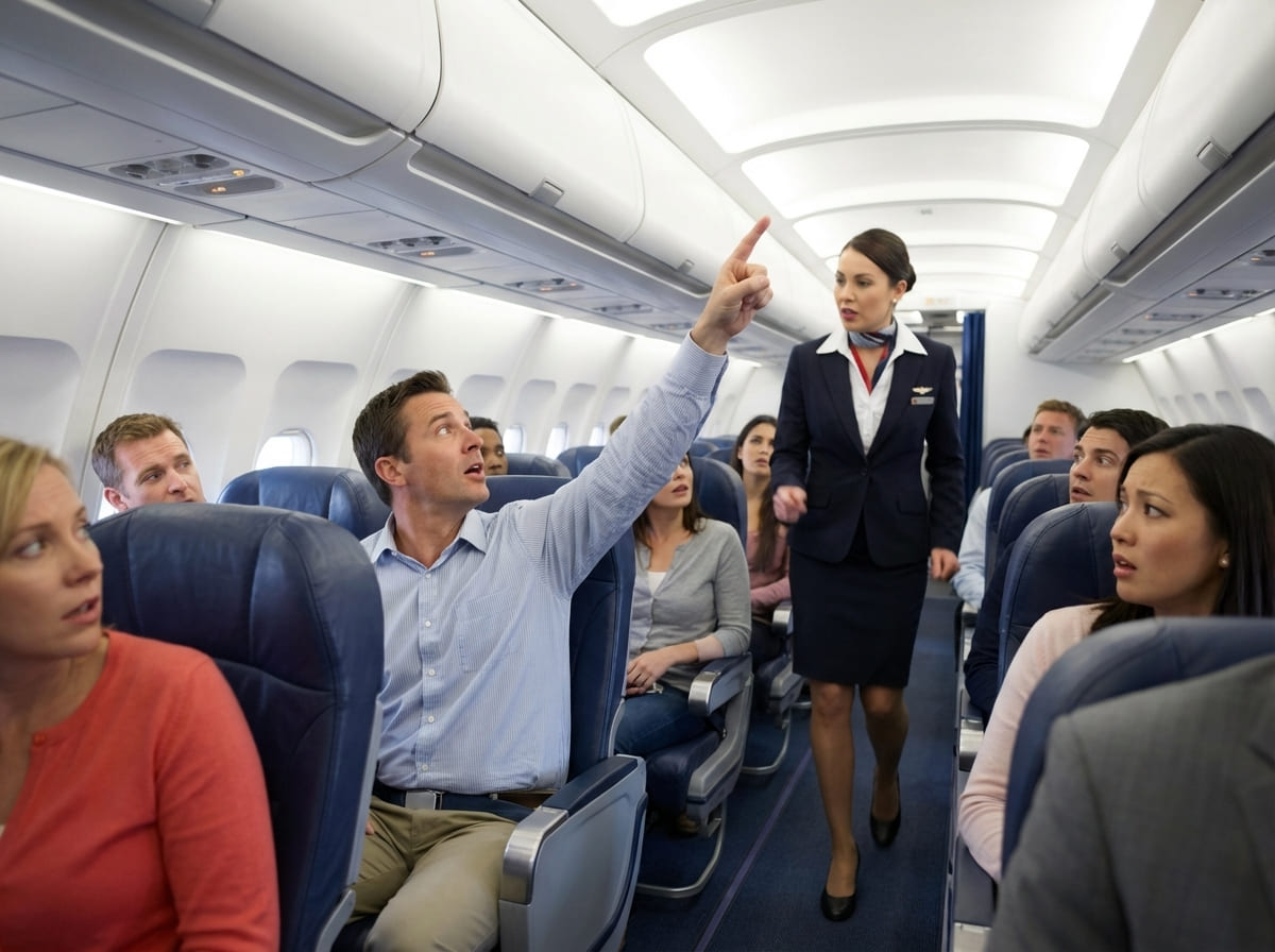 Smoke seen coming from an overhead luggage bin on an airplane