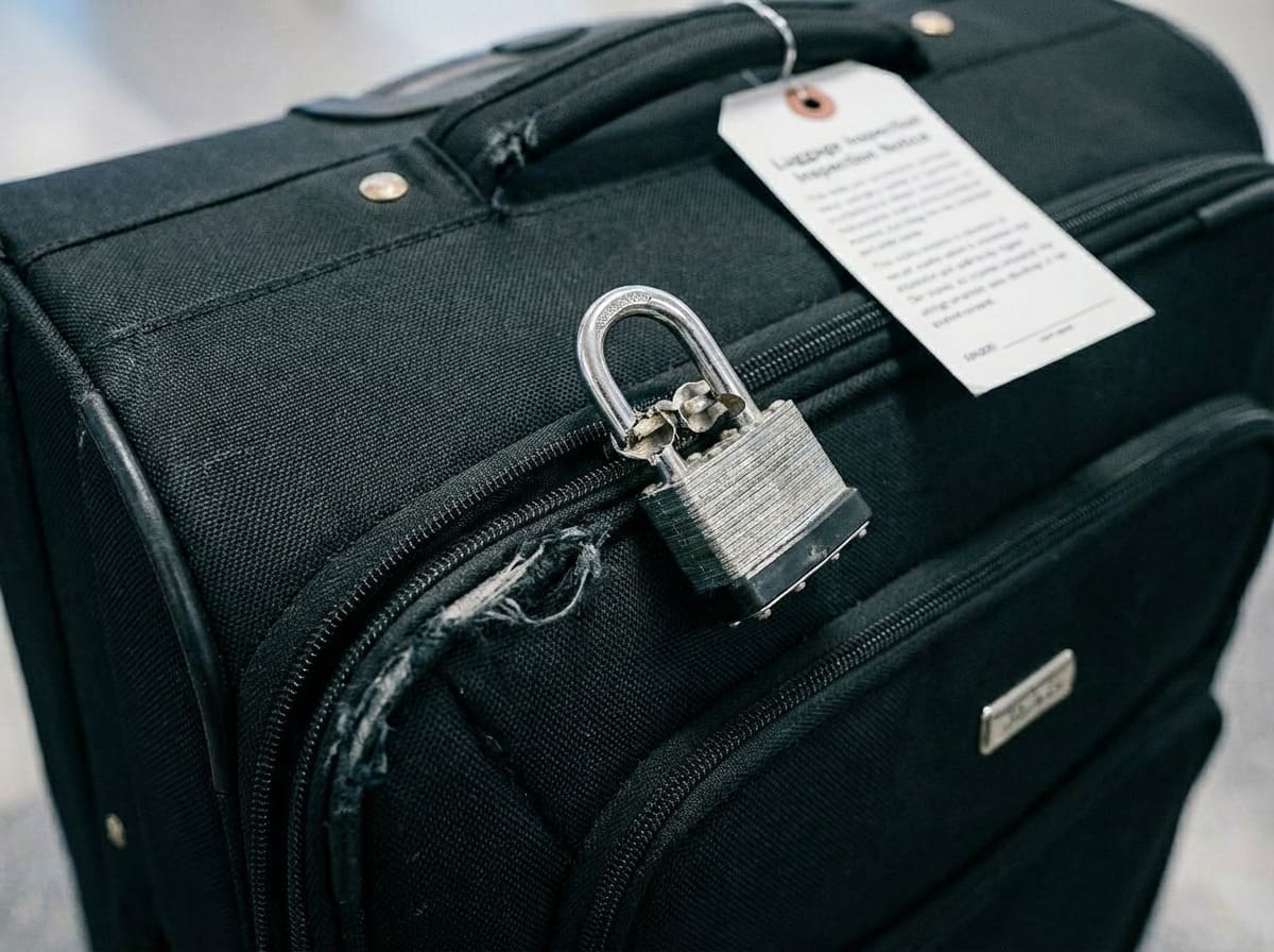A damaged suitcase with a broken lock at a baggage claim carousel