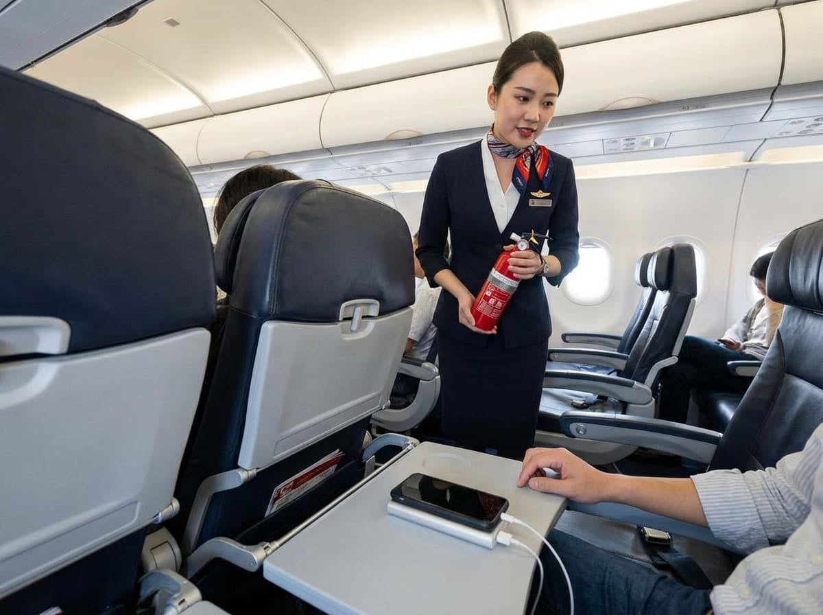 In-Flight Battery Safety Procedure A flight attendant demonstrating a fire containment bag in an airplane cabin